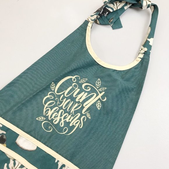 SIMPLY WHIMSICAL Vintage Inspired Apron Autumn Farmhouse Thanksgiving Teal Tan - Picture 2 of 8